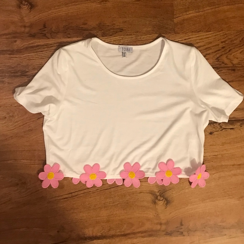 Tobi White/Pink Flower Crop Top. Festival Top - S